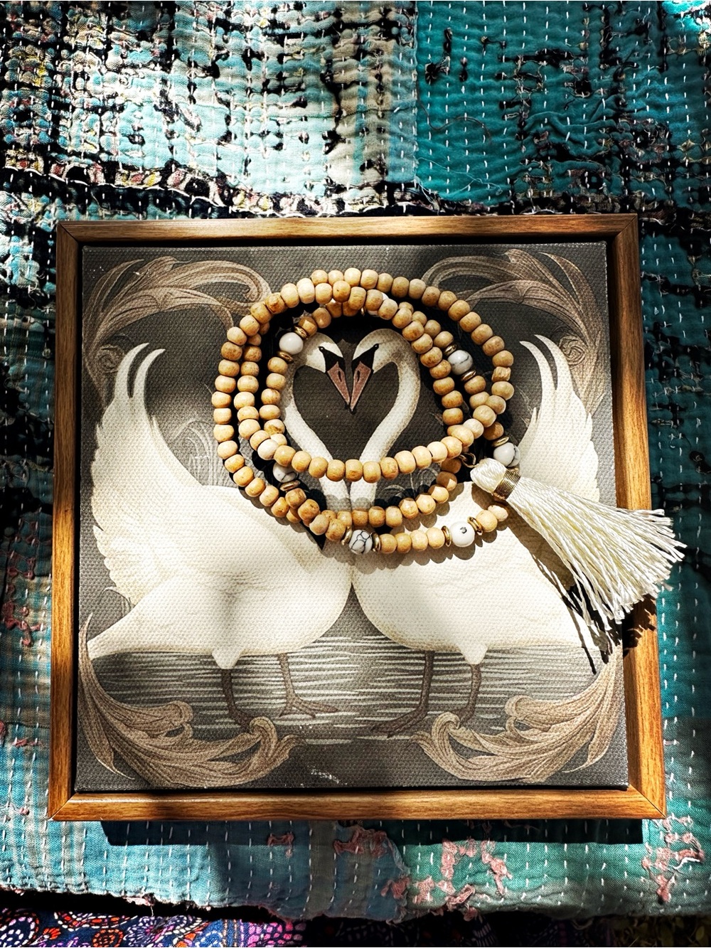 Wood bracelet trio. White tassel & howlite stone accent beads.